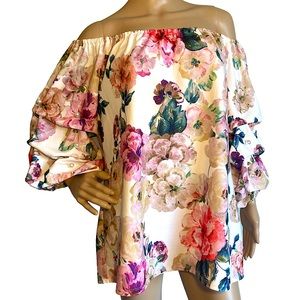 S. LEVINE  | FLORAL PEARL STUDDED RUFFLE SLEEVE OFF SHOULDER TOP  SZ L